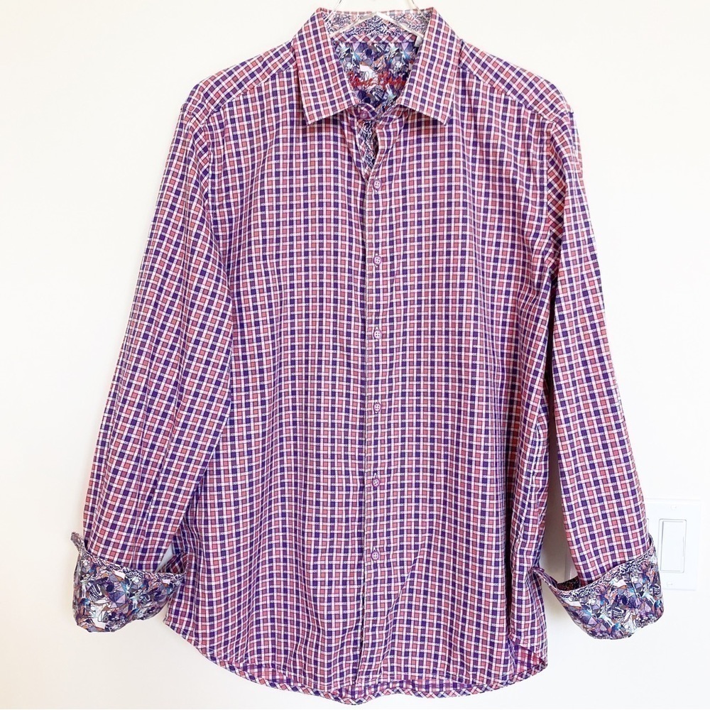 ROBERT GRAHAM Purple Pink Check Cotton Mens XL Long Sleeve Shirt w/Contrast